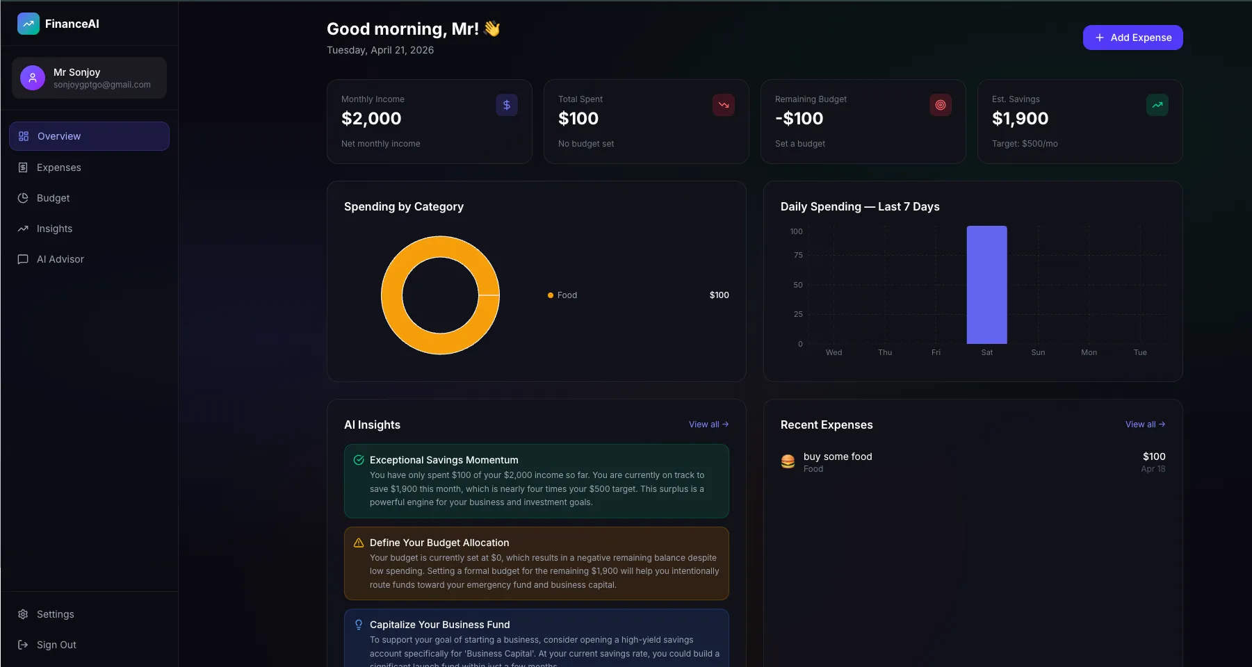FinanceAI – Personal AI Financial Advisor & Expense Tracker
